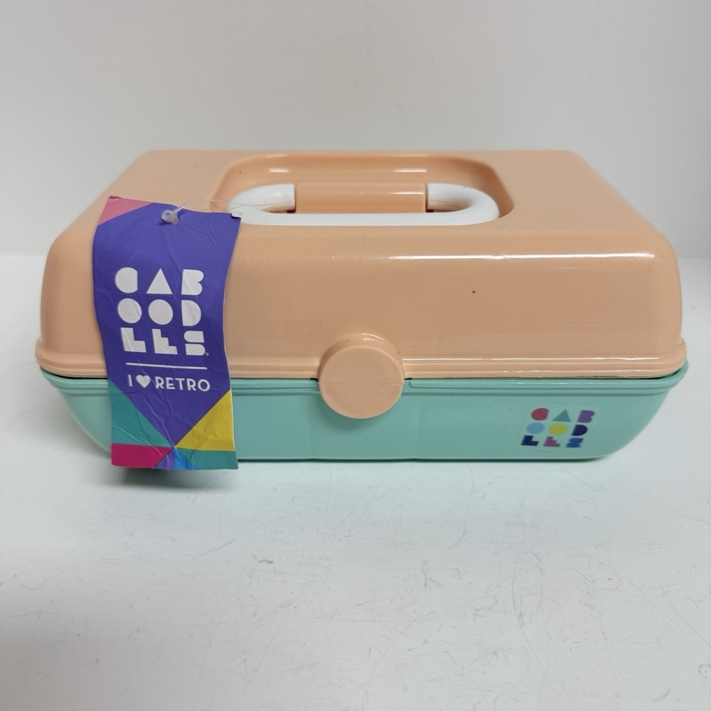 Caboodles Pretty in Petite Makeup Case Peach Teal Caddy With Mirror Retro 2 Tier